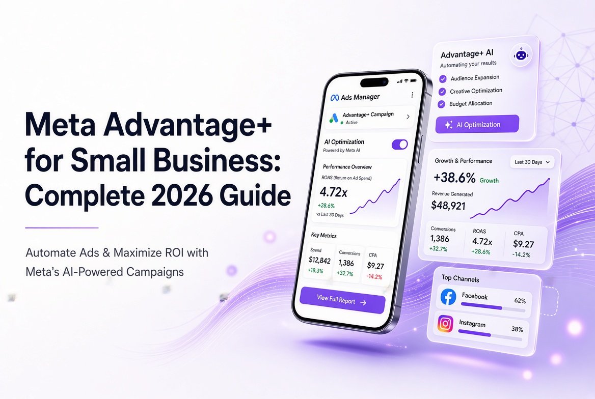 Premium 3D blog featured image showing the title “Meta Advantage+ for Small Business: Complete 2026 Guide” with a modern smartphone displaying Meta Ads Manager, Advantage+ AI campaign dashboard, growth charts, and floating glassmorphism UI cards in purple and white SaaS style.